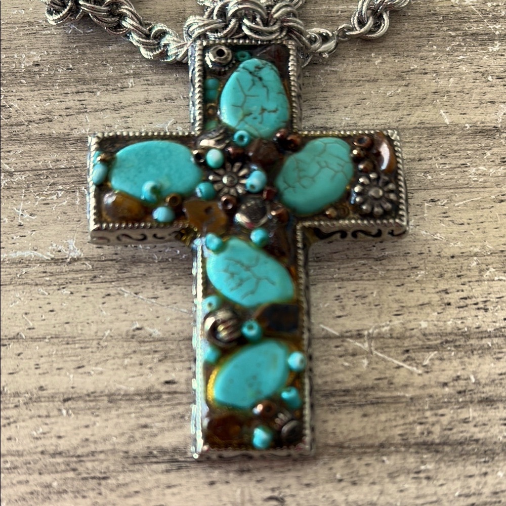 Turquoise and Silver Cross Pendant Necklace
